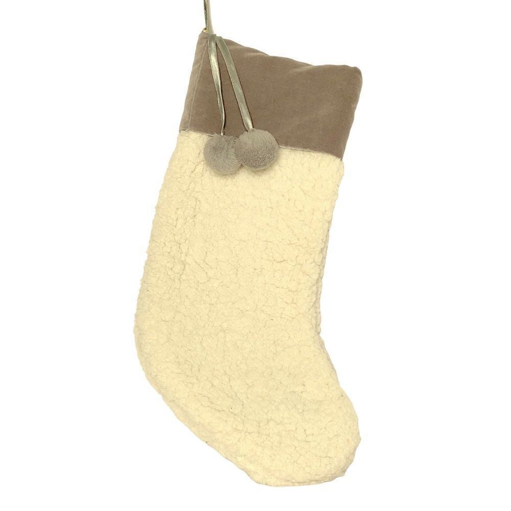 NEW Christmas Holiday White Fleece Stocking Gray Velvet Trim & PomPoms Lined
